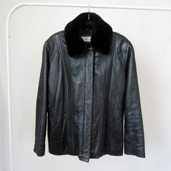 VTG 90s Faux Fur Collar Black Leather Jacket Y2K Leather Jacket Chic Modern Fit - Picture 2 of 16